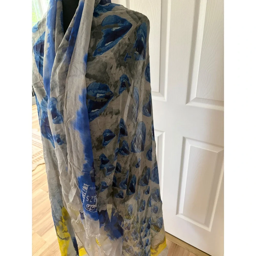 Yigal Azrouel Resort 2014 Blue Grey Print Eyelash Fringe Scarf Wrap - Picture 3 of 5
